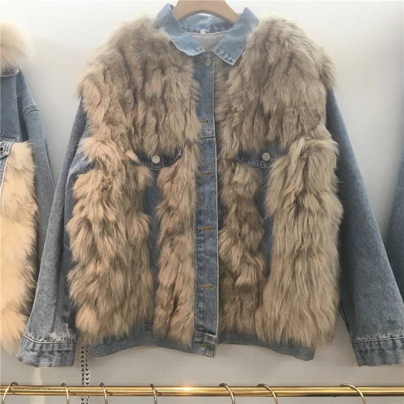 2023 winter new luxury real fox fur patchwork denim jacket for women hipster chic furry fur coat genuine fur parka padded jacket