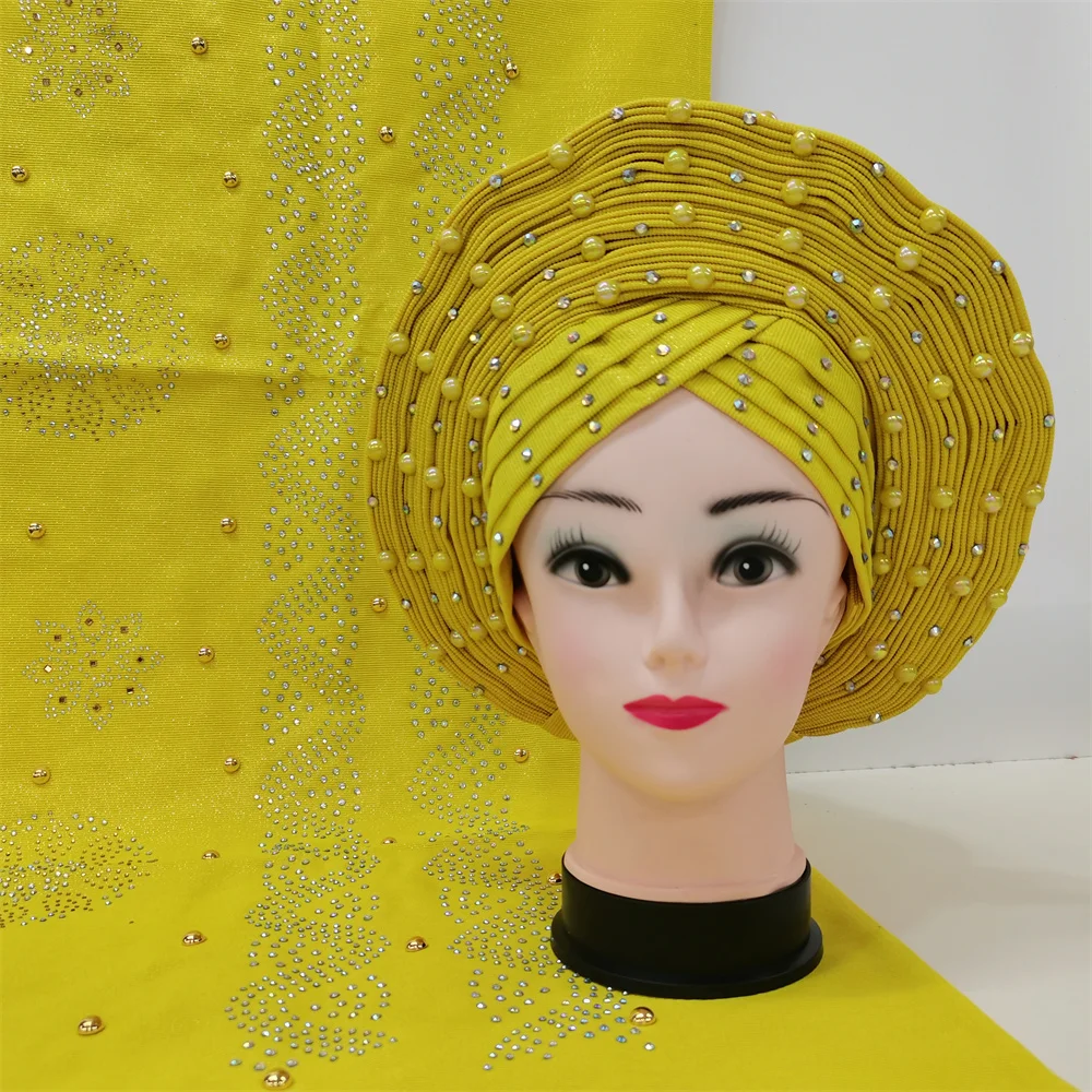 Żółty, afrykański krawat głowy nigeryjczyk Gele Headtie Turban Femme głowa kobiety Wrap haft duży szal dubaj tkaniny wysokiej jakości 2 sztuk