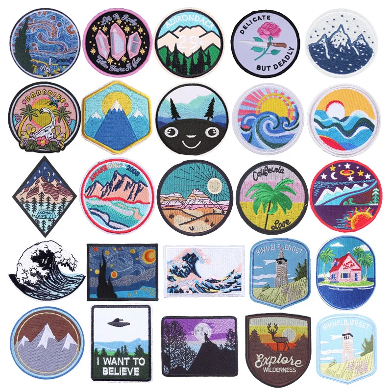 Patches For Clothing Landscape Appliqued Art Mountain Waves Painting DIY Accessories Patches On Clothes Stickers Iron On Patches