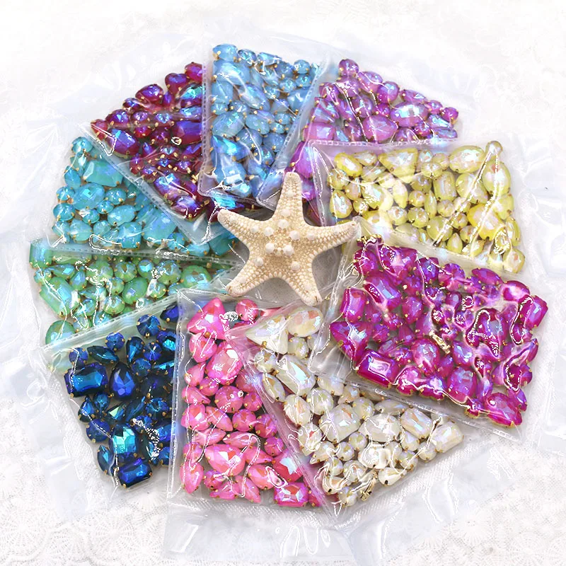 Wedding Decoration 50pcs/bag Mixed AB Mocha Fluorescence Glass Crystal Stone Gold Claw Rhinestone Sew on Clothes / Bags /Shoe