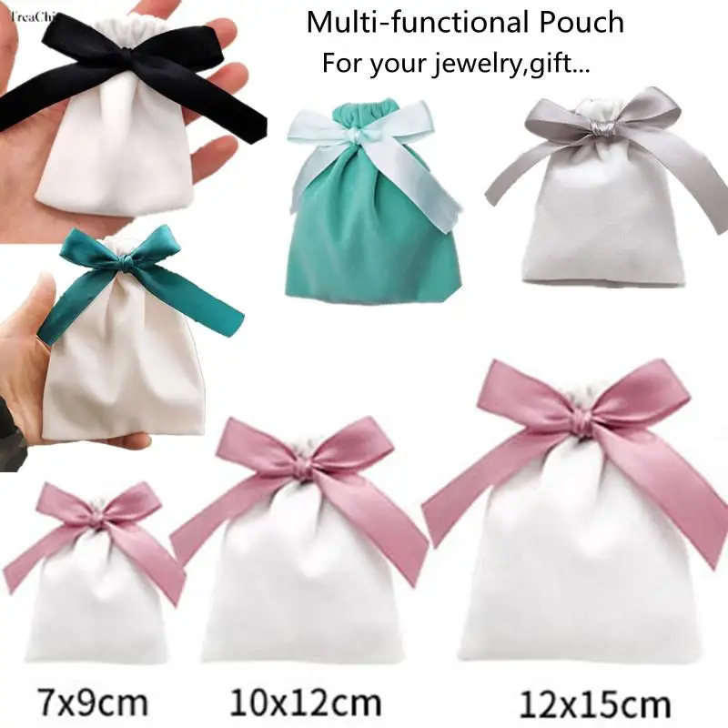 

Handmade Flannel Pouches Velvet Ribbon Gift Bags Jewelry Bowknot Sack Makeup Lipstick Drawstring Pouch Party Wedding Gifts 50Pcs