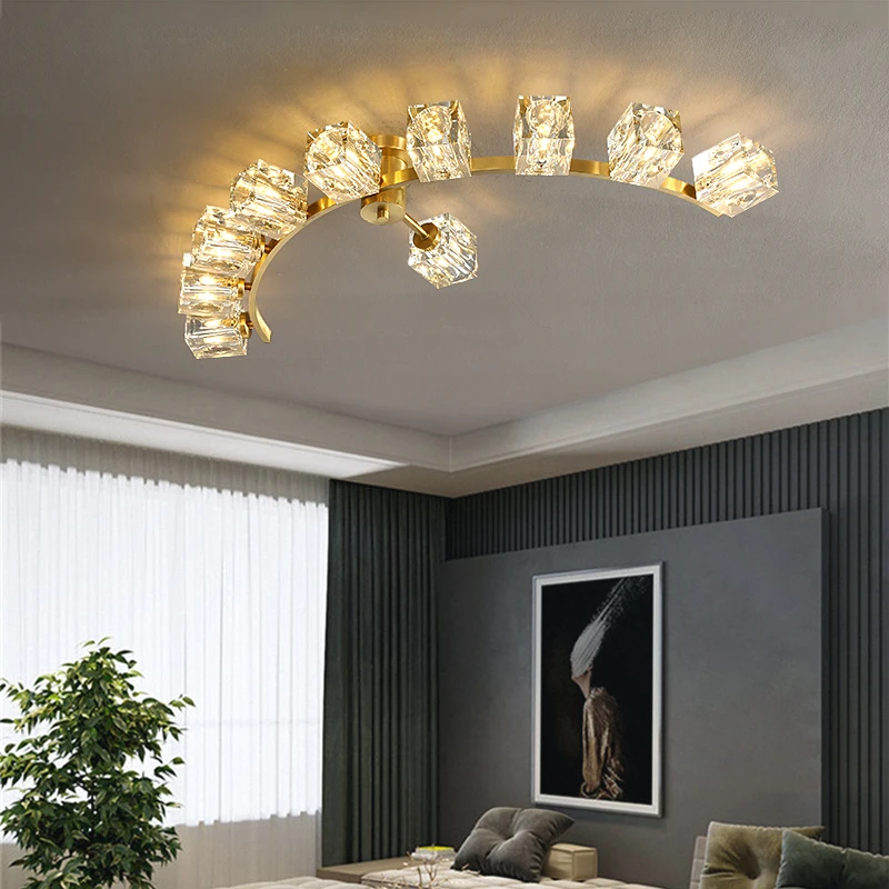 

JMZM Nordic Copper Pendant Light Gold Crystal Chandelier LED Arc Lamp American Luxury Villa Dining Living Room Bedroom Hang Lamp