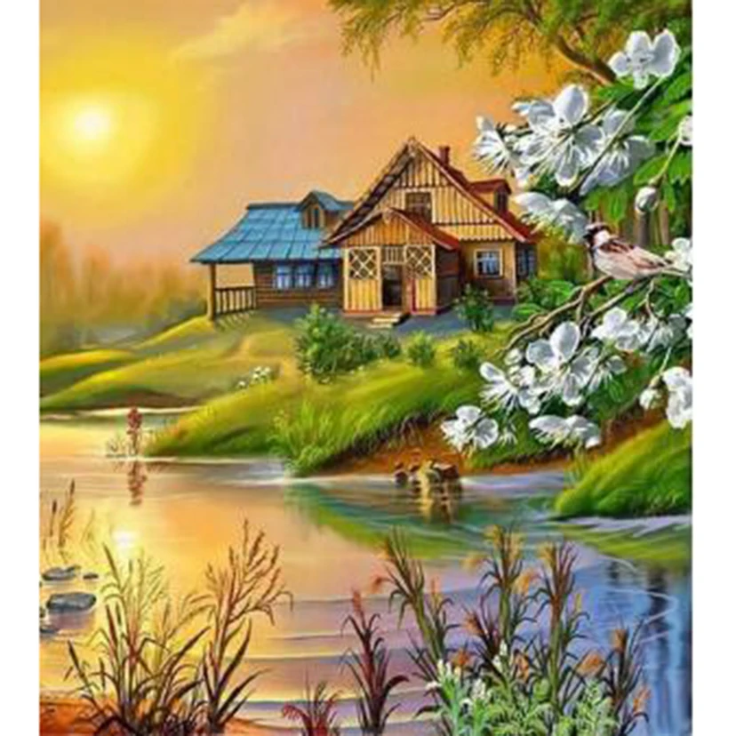 

Diamond Painting 5D DIY Square/Round Diamond Landscape Painting Lakeside Wooden House Beautiful Scenery Picture Cross Art WG3245