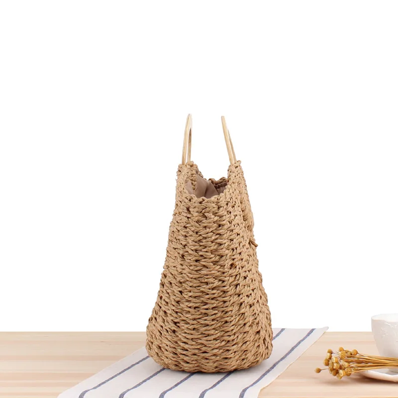 38x30CM Wooden Handle Straw Paper Rope Hand-woven Beach Bag Natural Style Solid Color Large Capacity Women a7248