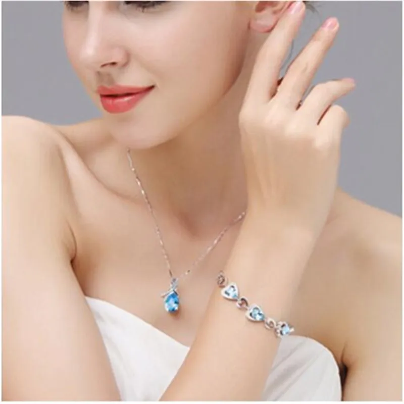 trendy blue crystal stone water drop necklaces for women short chain alloy nickel free fj029