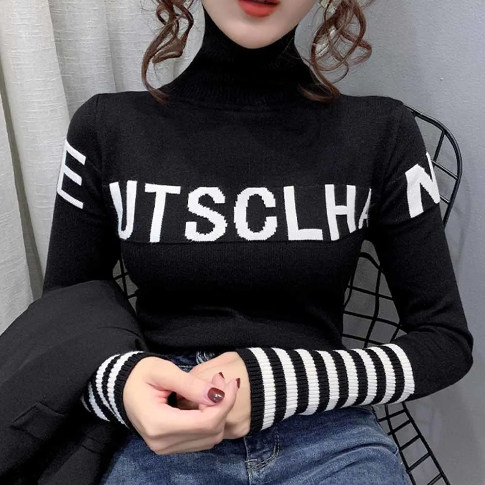 Winter Black White Blue Orange Sweater Women Turtleneck Pullovers Letters Slim Harajuku Casual Turtleneck Sweater Autumn