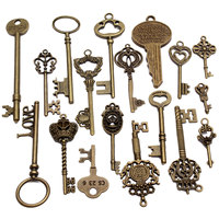 KiWarm DIY 18Pcs Antique Vintage Old Look Skeleton Bronze Key Chain Lot Chic Pendant Heart Bow Lock Steampunk Charms Decorations