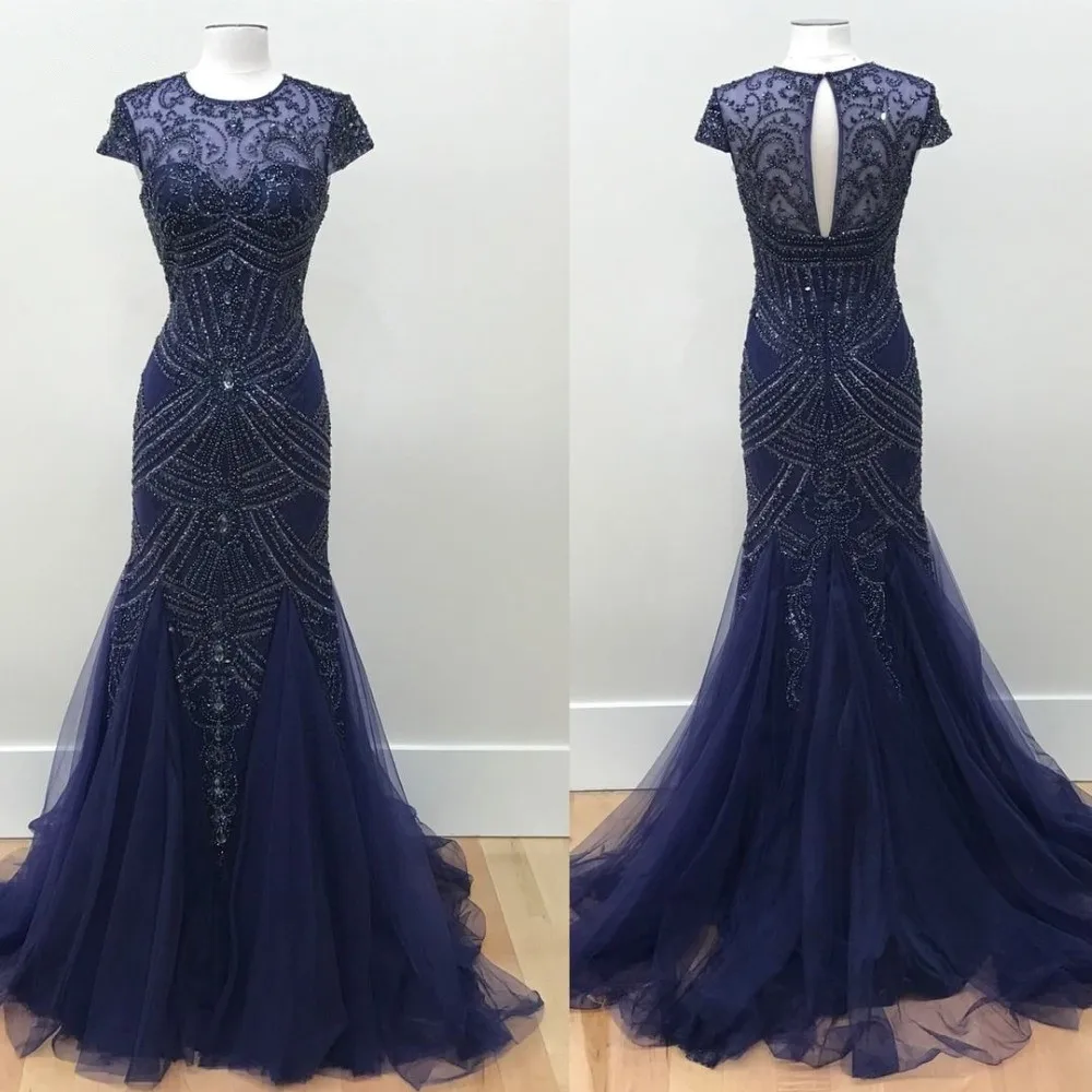 Luxe Navy Blue Sparkle Crystal Mermaid Avondjurken 2021 Kralen Vintage Lange Avondjurken Saudi Arabische Abendkleider