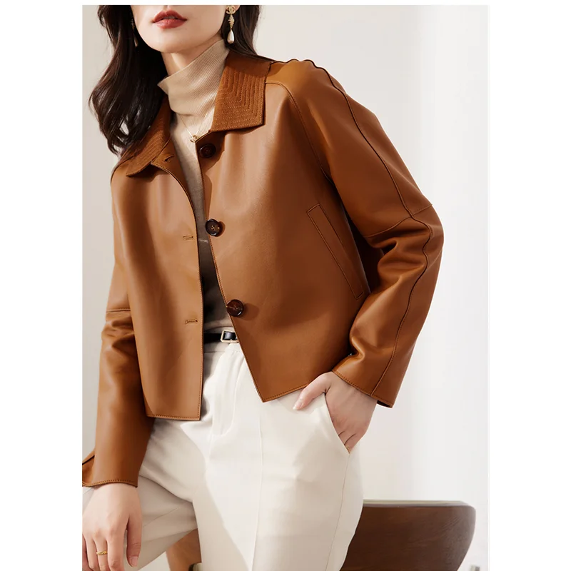 Mid Length Sheepskin Trench Coat for Women, Genuine Leather Coat, Lapel Collar, Belt, Spring, Autumn, OL Fashion