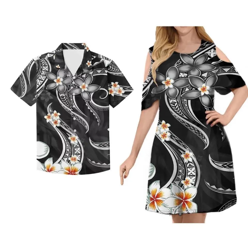 HYCOOL Polynesian Tribal Design Samoa Dress Summer Couple Clothing Women Cold Shoulder Short Sleeves Dress Match 5XL Men Shirts