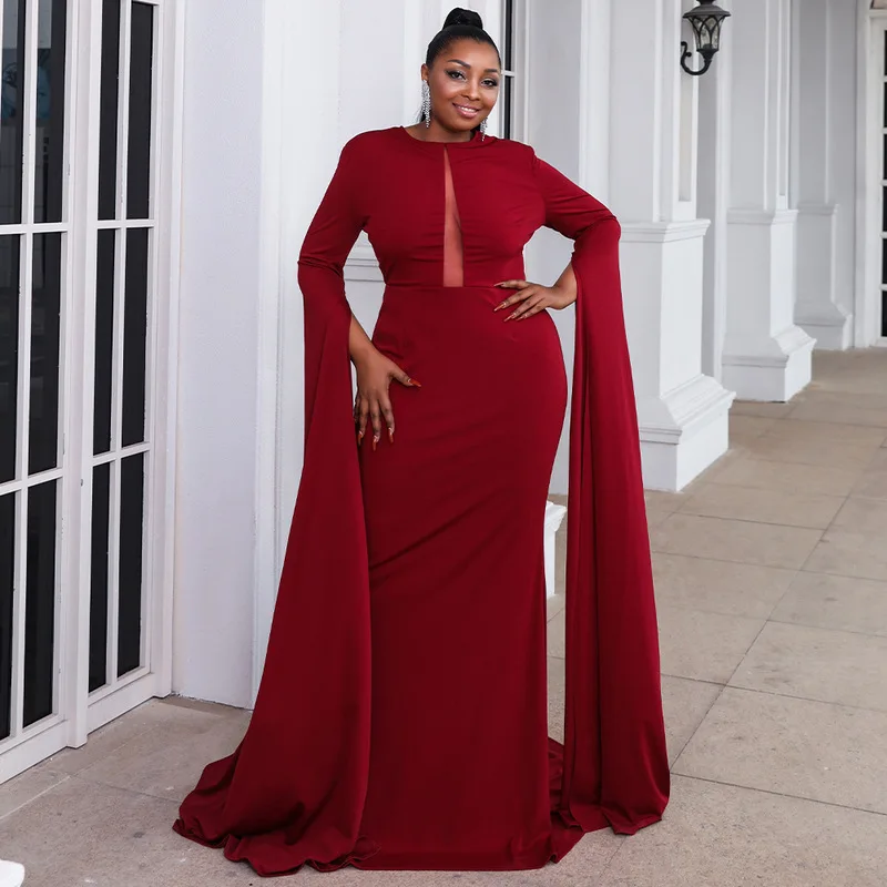 

Plus Size Evening Dresses African Mermaid Long Sleeves Chiffon Burgundy Long Turkey Dubai Saudi Evening Gown Prom Dresses