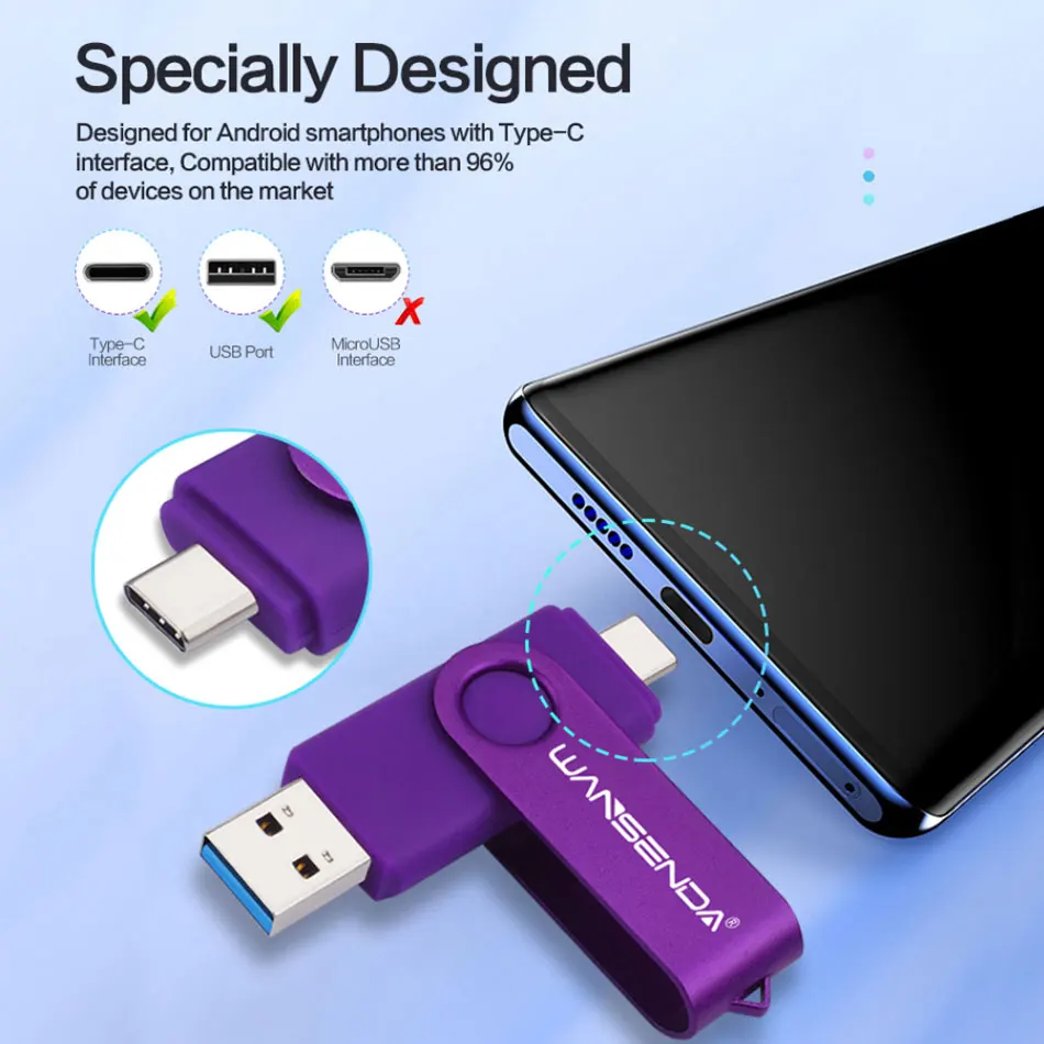 WANSENDA OTG USB Flash Drive 512GB for Type C Android USB 3.0 Memory Stick 256GB Pen Drive 128GB 64GB 32GB 16GB Cle USB Pendrive