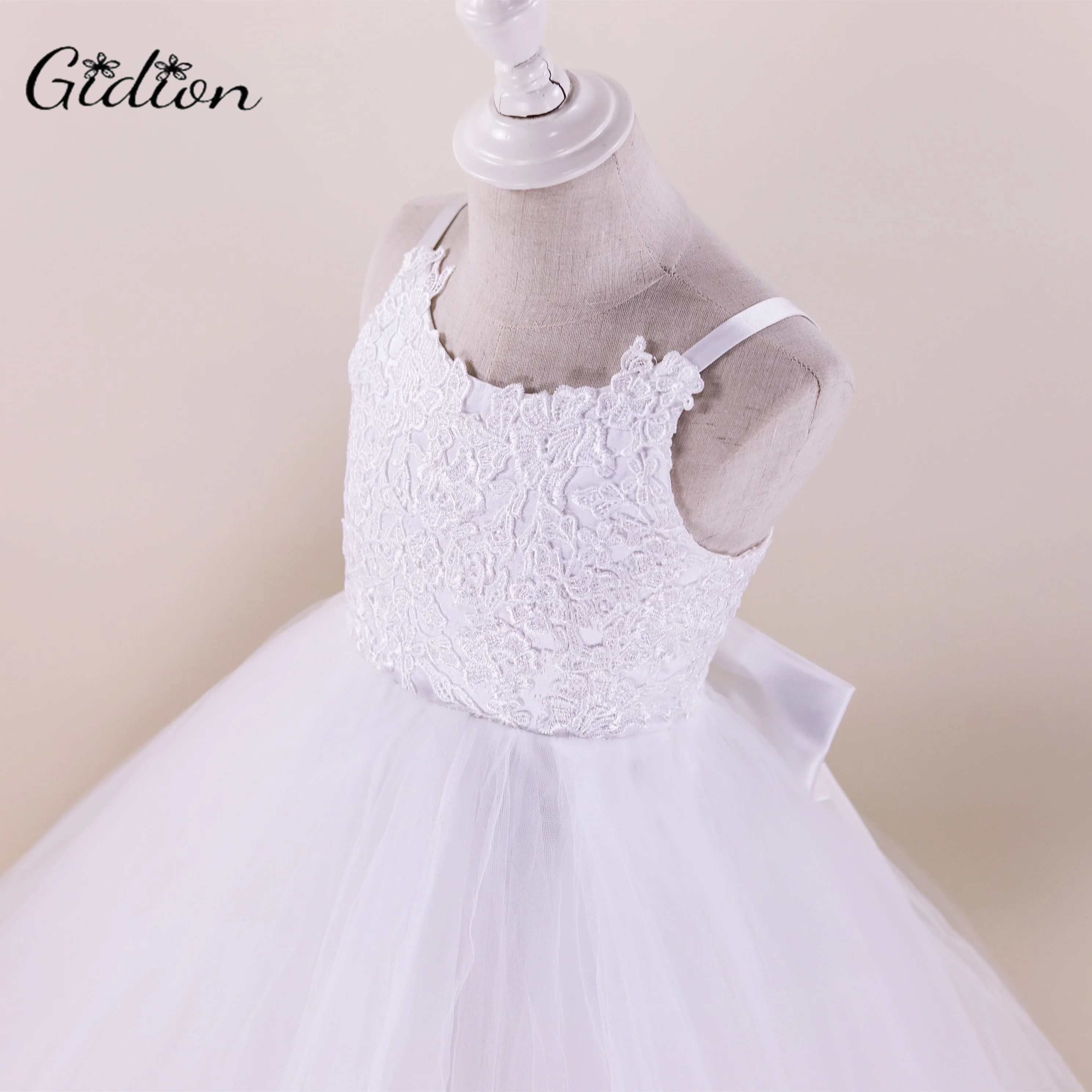 2-14 Years Lace Tulle Flower Girl Dresses For Wedding Sheer Lace Applique Back Girls Pageant Gowns Princess Dresses With Bow