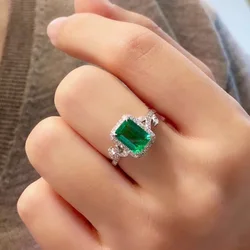 925 Sterling Silver Vintage Emerald Diamond Rings For Women Genuine Jewelry Wedding Anniversary Resizable Rings anillos de Gifts