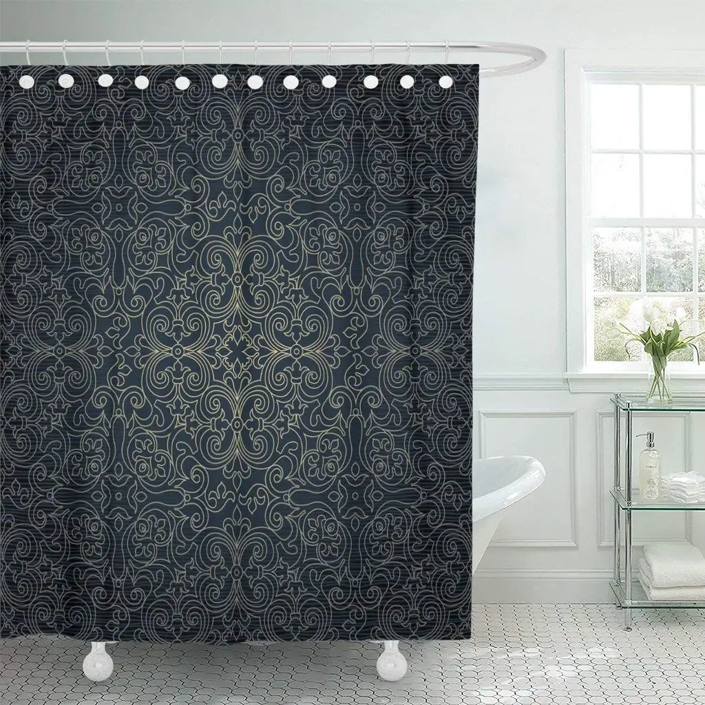 Golden Vintage Line in Eastern Ornamental Lace Tracery Ornate Shower Curtain Waterproof Polyester Fabric 60 x 72 Inches Set