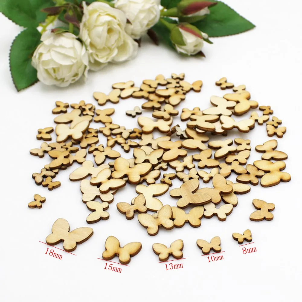 200 pz/pacco fette di legno a farfalla mista artigianato fai da te Scrapbooking decorazioni per la casa ornamenti in legno accessorio fatto a mano