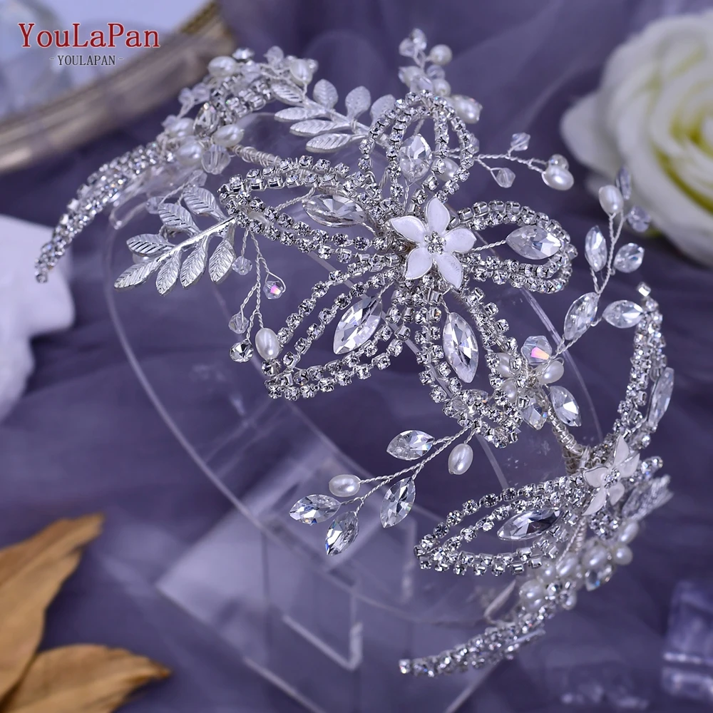 YouLaPan HP305 Paduan Daun Bridal Headband Rhinestone Pernikahan Rambut Aksesoris Tiara Pengantin Perak Mahkota Rambut Pengantin Perhiasan