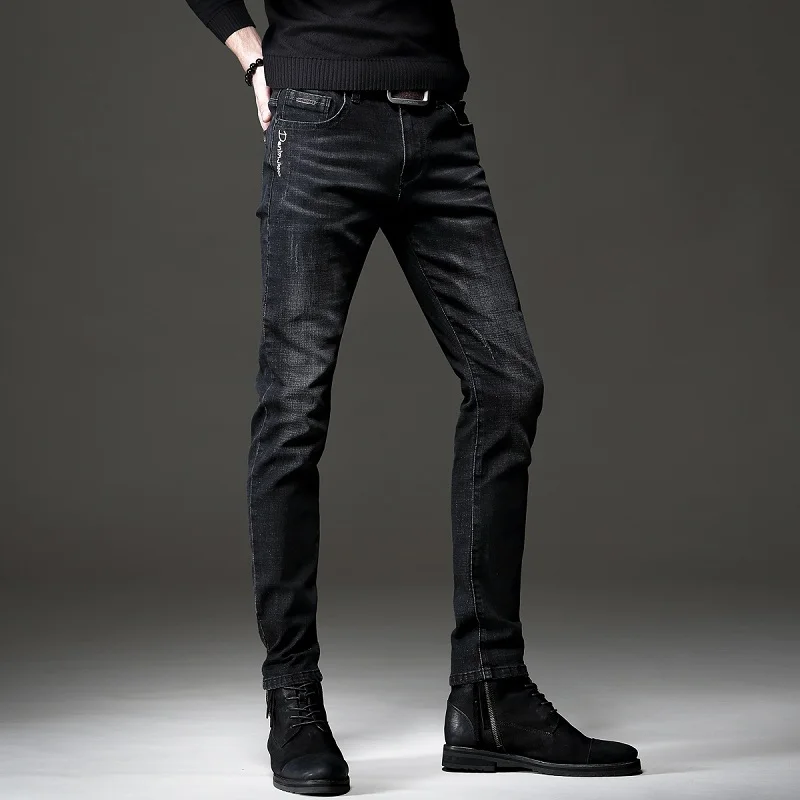 Autumn New Men's Black Jeans Fashion Embroidered Stretch Slim Fit Denim Pants Korean Style Casual Trousers