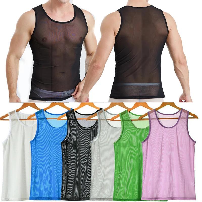 Sexy Mens Undershirts See Though Sleeveless T-shirt Breathable Bodybuilding Fitness Vest Transparent Tank Tops Sexy Men Clothes