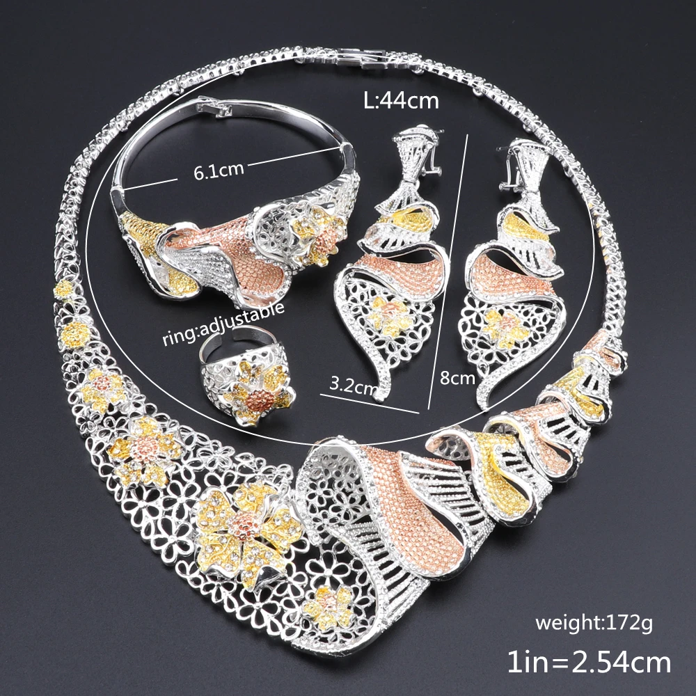 CYNTHIA African Nigerian Wedding Bridal Jewelry Sets Dubai Silver Plated Crystal Necklace Bracelet Earrings Ring Set for Women
