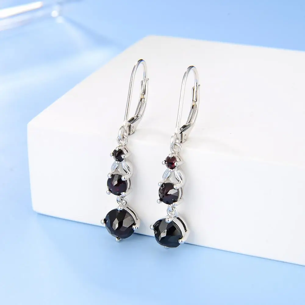 GEM'S BALLET 925 Sterling Silver Women's Gemstone Earrings Natural Black Garnet Three Stone Birthstone Leverback Dangle Earrings