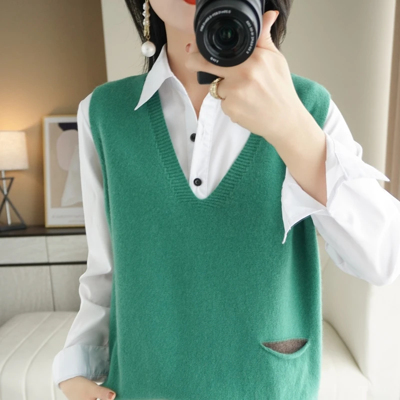 2021 Pure Wool Sweater 100% Knitted Pullover Vest Ladies Loose V-Neck Fashion All-Match Autumn And Winter New Style Waistcoat