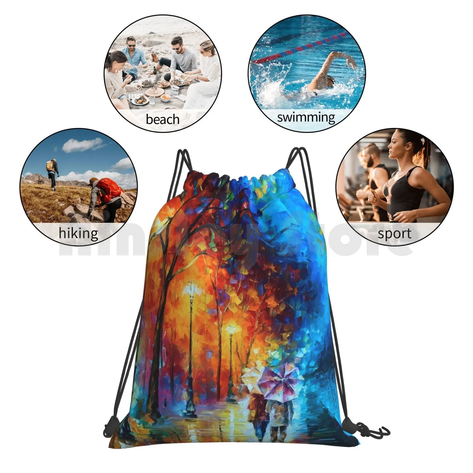 Love By The Lake-Backpack Drawstring Bags Gym Bag Waterproof Paris France Cafe Restaurant Oil Painting Wall Night Evening