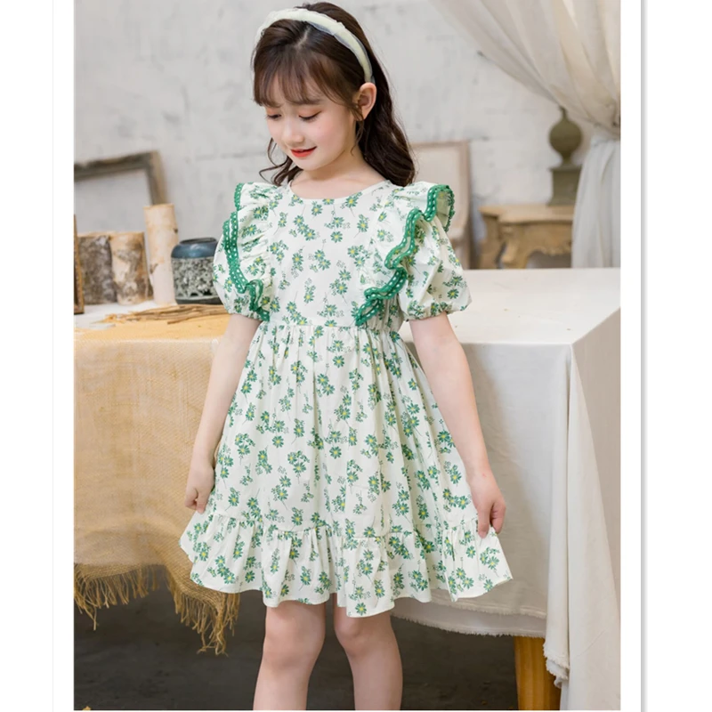 

3-7 Years High Quality Summer Girl Dress 2021 New Floral Cotton Solid Draped Ruched Kid Children Clothing Girl Princess Dresses