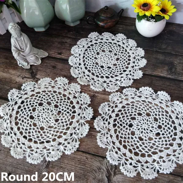 20cm Round Vintage White Cotton Crochet Table Place Mat Wedding Napkins Cloth Lace Placemats Decorative Coasters Pad Christmas