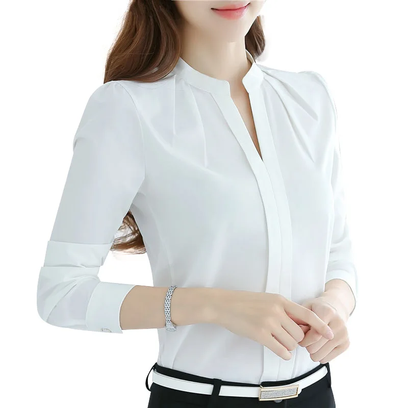 Spring And Autumn New Women's Long Sleeve Shirt Korean V-Neck Casual Solid Color Elastic Chiffon Blouses Thin Slim Top B089