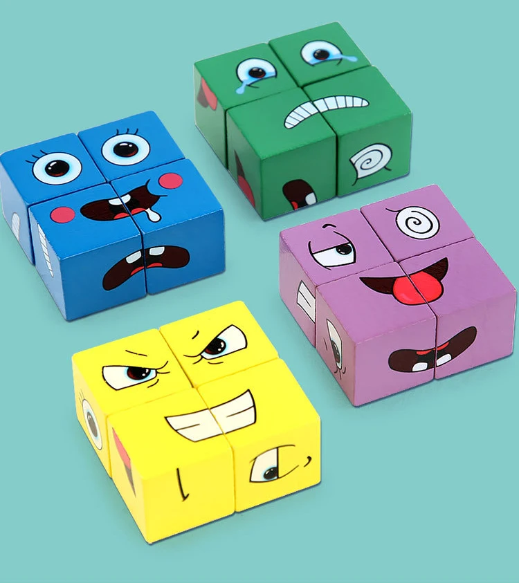 Wooden Face Changing Cube Toys Building Blocks for Cartoon Puzzle Montessori Jigsaw Educational Board Game Family Toys