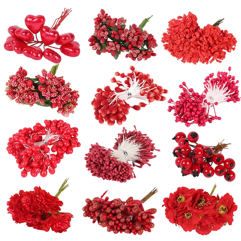 

1 Packet Plastic Artificial Flower For Warm Home Decoration Red Series Flower Stamen Wedding Party DIY Adorment New Year