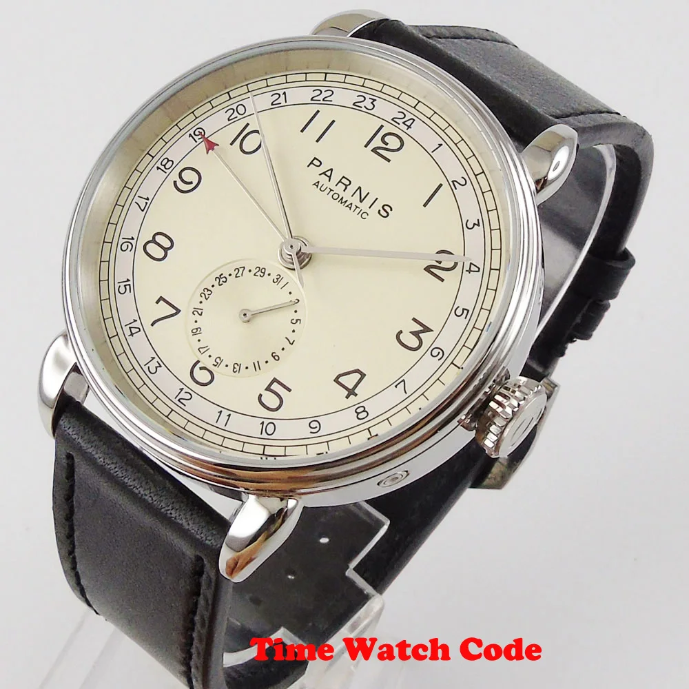 

PARNIS 42mm Automatic Men's Wristwatch GMT Beige Dial Date indicator Black Strap black leather strap polished bezel