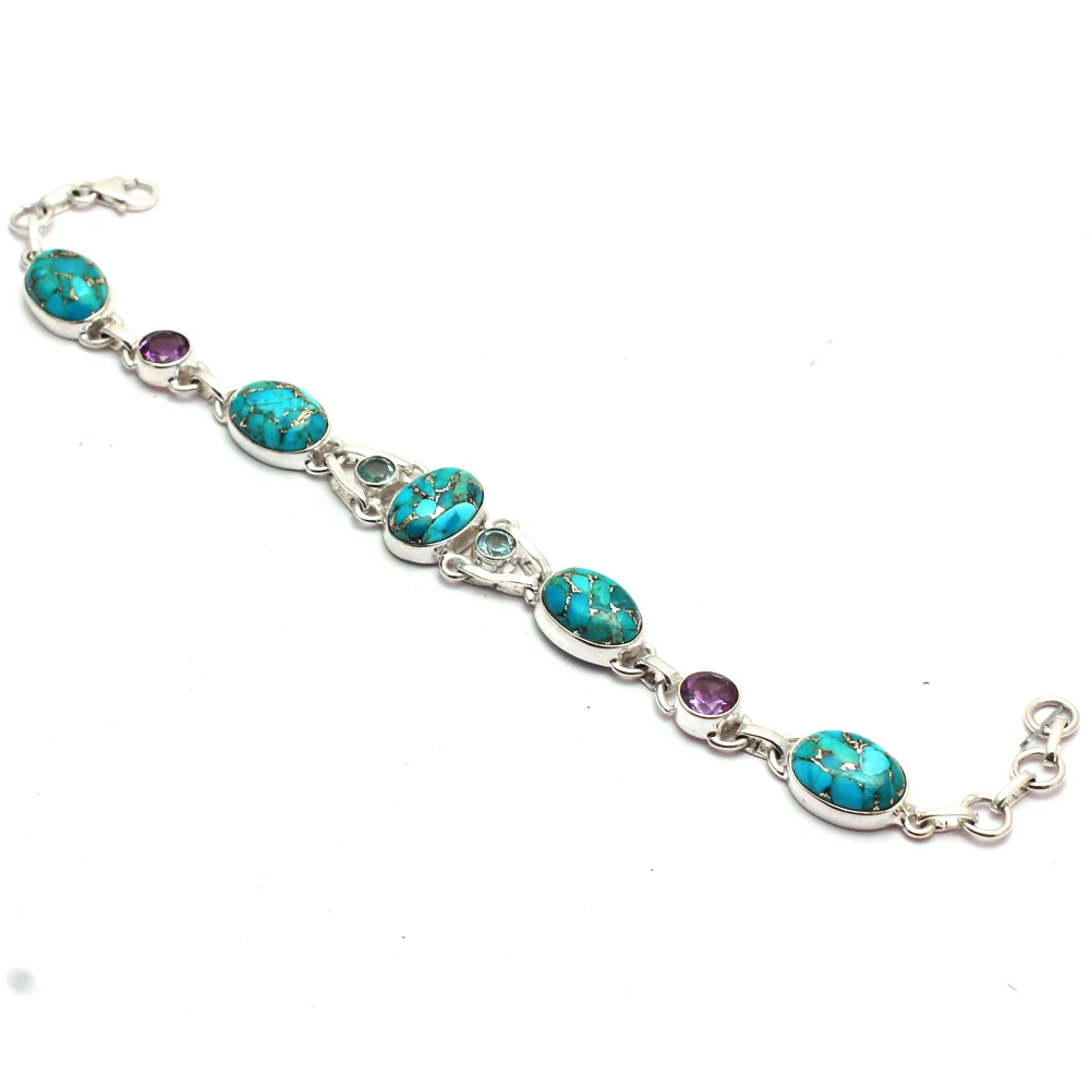 

Genuine Green Blue Purple Copper Turquoise 100 % 925 Sterling Silver Bracelet 925 Sterling Silver GRP-B