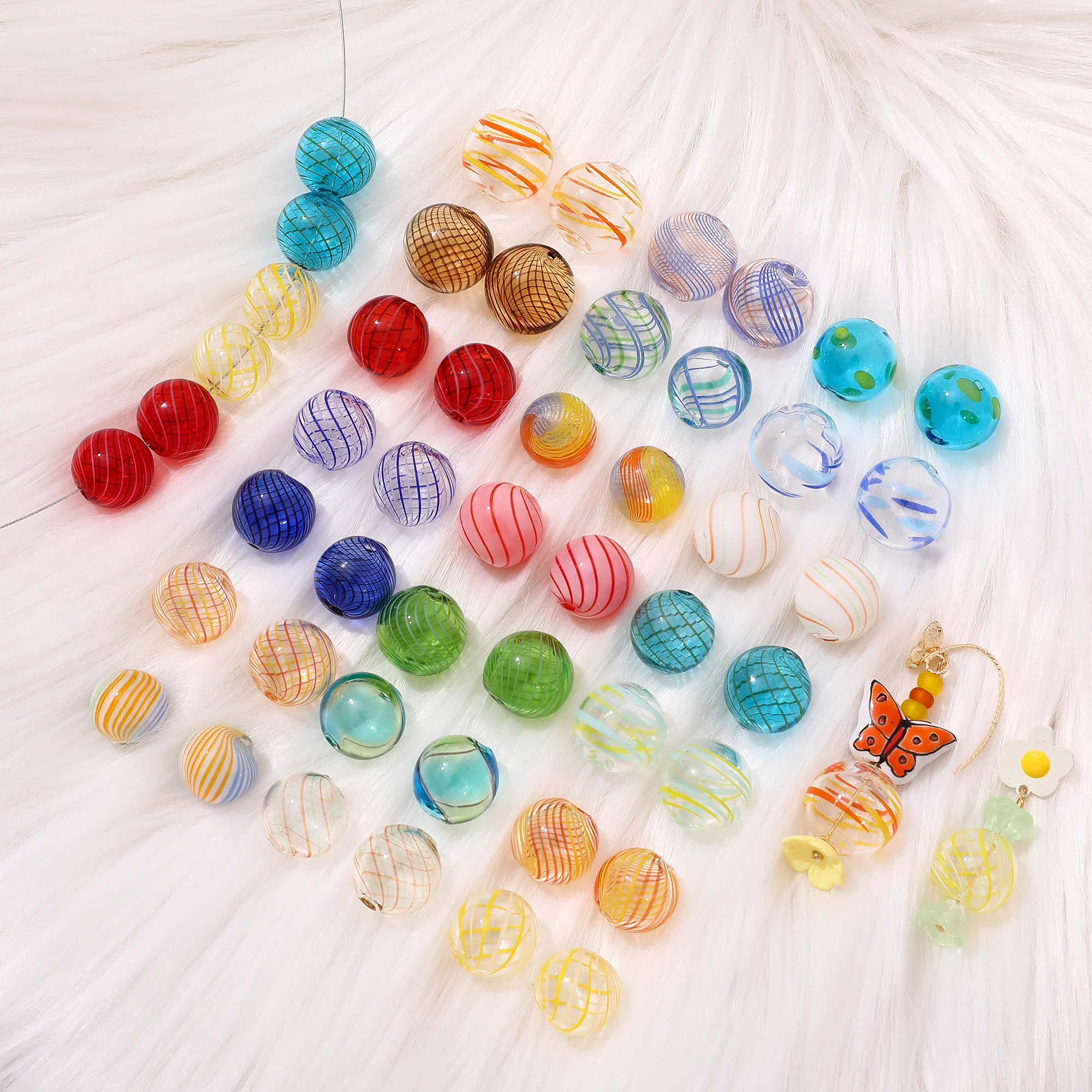 Retro line stripes colored glass hollow bubble glass ball beads DIY handmade earrings jewelry bracelet accessories material