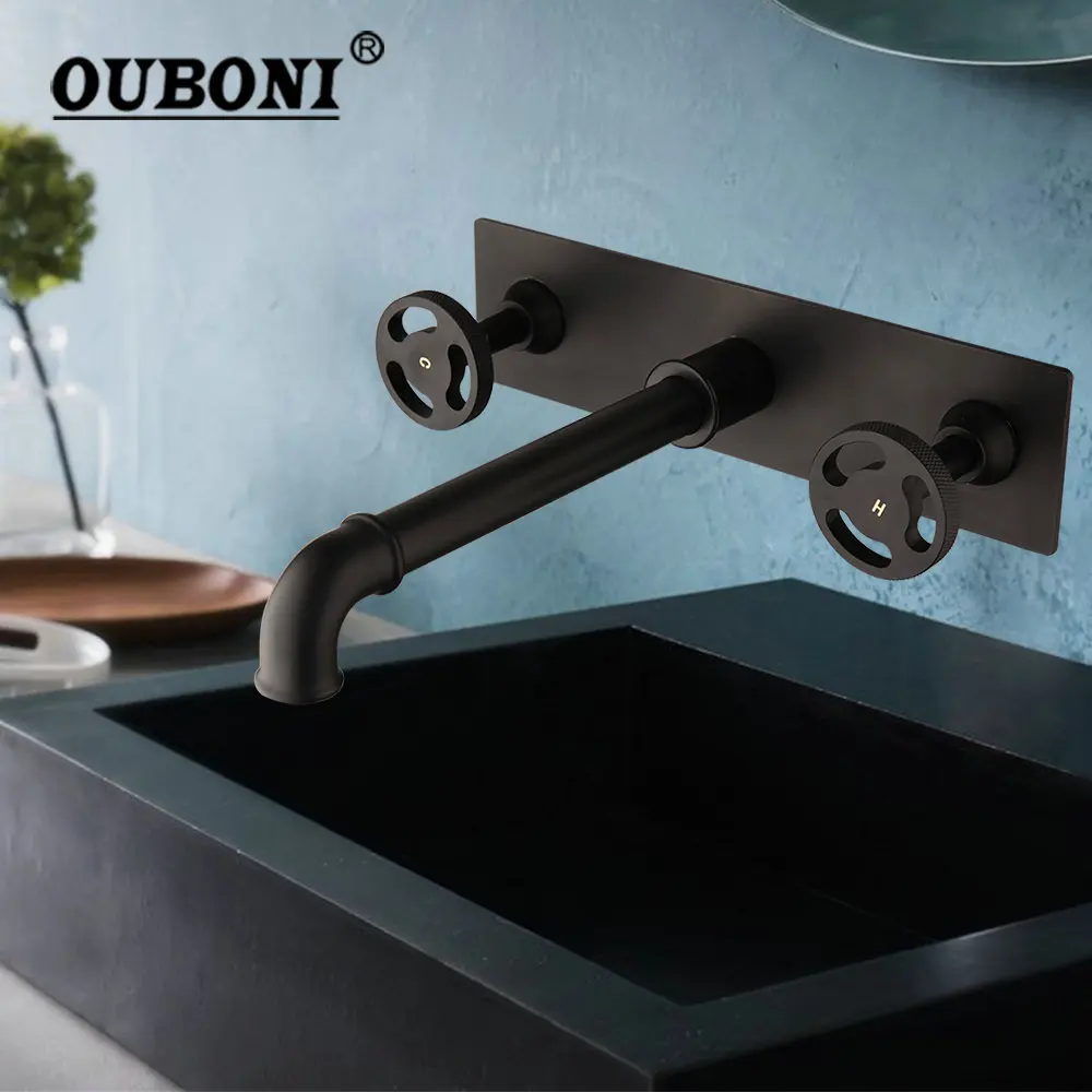 

OUBONI Matte Black Bathroom Bathtub Faucet Waterfall Basin Mixer Tap Solid Brass Wall Mounted Bathtub Wash Sink Mixer Tap Faucet