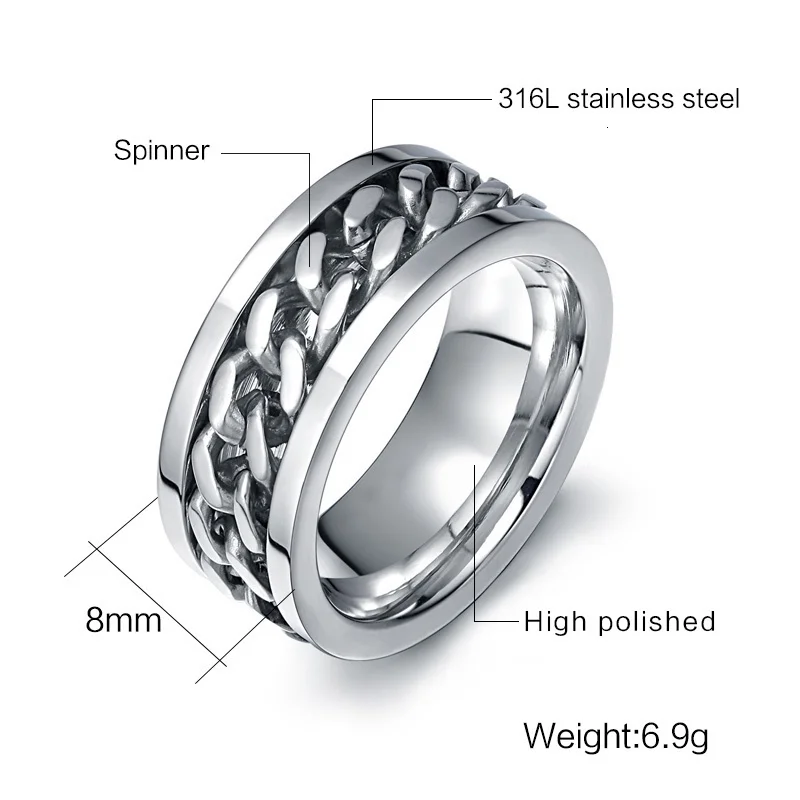 Men's 8mm Rotatable Chain Ring, Stainless Steel Gift