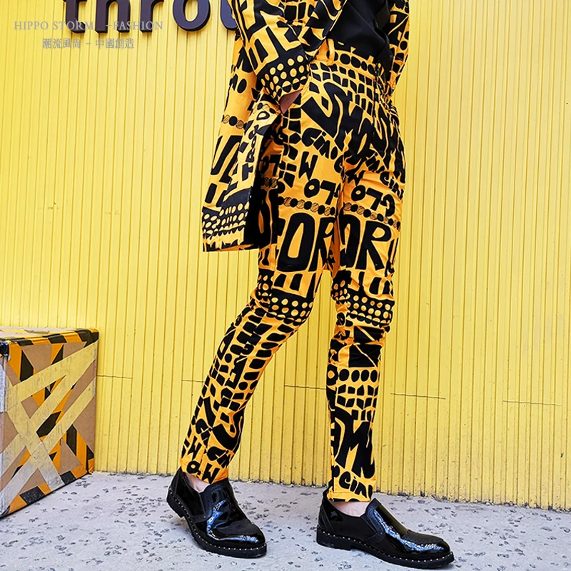 Men Casual Pencil Pants Singer Dancer Stage Wear Male Fashion Yellow Letter Floral Printed Suit Trousers Nightclub Show Costume