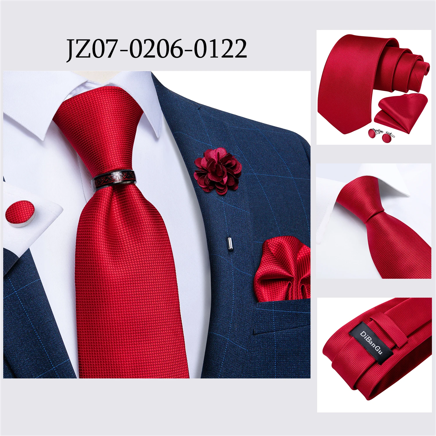 Handgefertigte Paisley-Blumen-Krawatte in Königsblau für Herren, klassische 8 cm breite gewebte Jacquard-Krawatte mit Einstecktuch, Manschettenknöpfen und Brosche – Detail 38