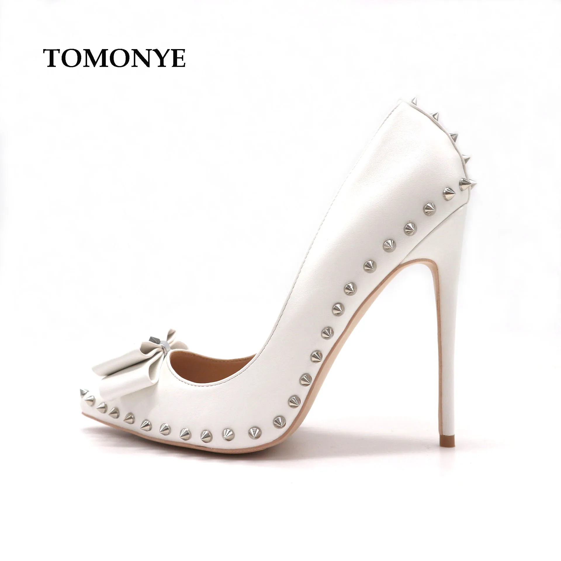 Bride wedding shoes white soft matte leather butterfly bowknot on pointed toe stud spike women lady 120mm high heel pump