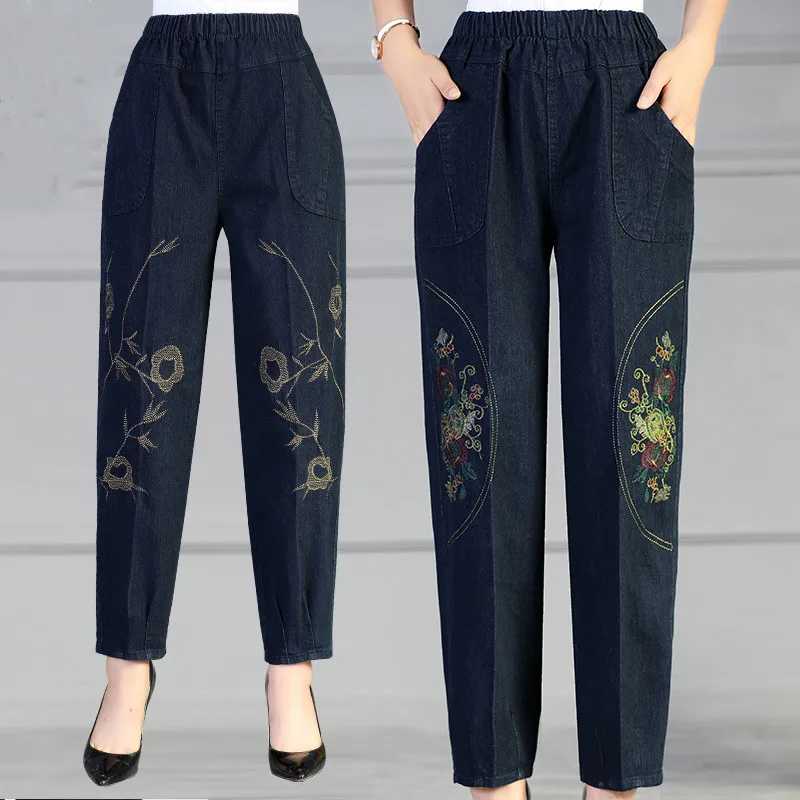 Elderly Women's Jeans Spring Autumn New Embroidery Elastic High Waist Mother Denim Pants Loose Large Size Grandma Trousers W2005