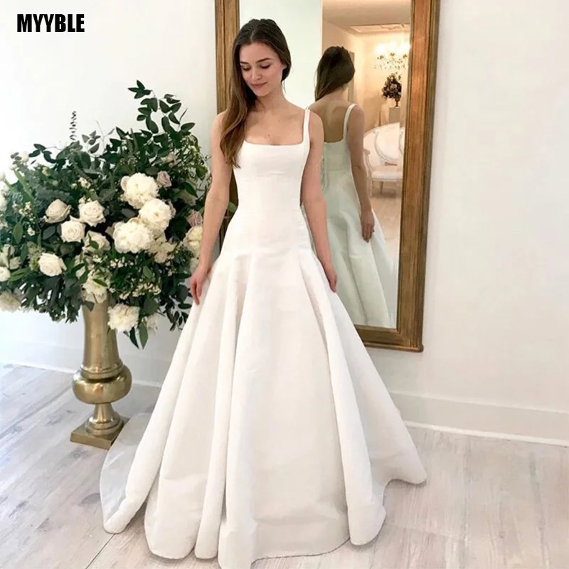 

MYYBLE 2021 New Arrival Sheath Wedding Dress Square Collar Sexy Bridal Gown Backless With Sweep Train vestido de noiva Simple