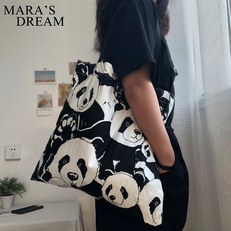 Mara\'s Dream Cute Panda Canvas Backpack Diagonal Single Shoulder Bag For Girls Female Shopping Casual Large-Capacity With Zipper