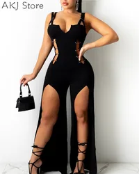 Women Sexy Solid Color Hollow Backless Skinny Jumpsuit Strap Romper Casual Pants Leg Slit Playsuit