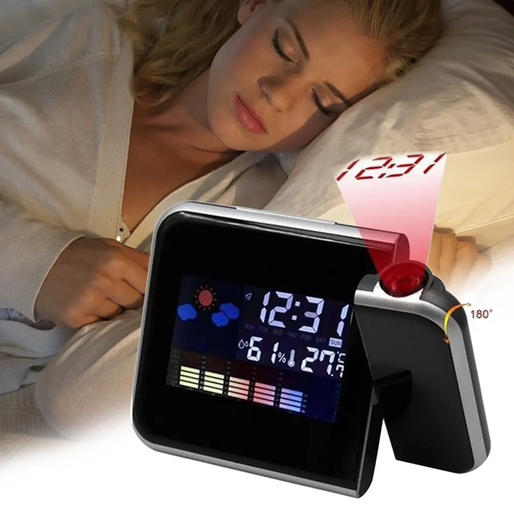 Portable Projection Digital Weather LCD Snooze Alarm Clock Color Display with LED Backlight Temperature Humidity Tester LESHP