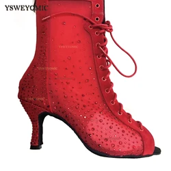 Indoor Salsa Ballroom Latin Dance Shoes Kizomba Social Shoes Customized Heel Black Red Flannel Women Dance Boots With Rhinestone