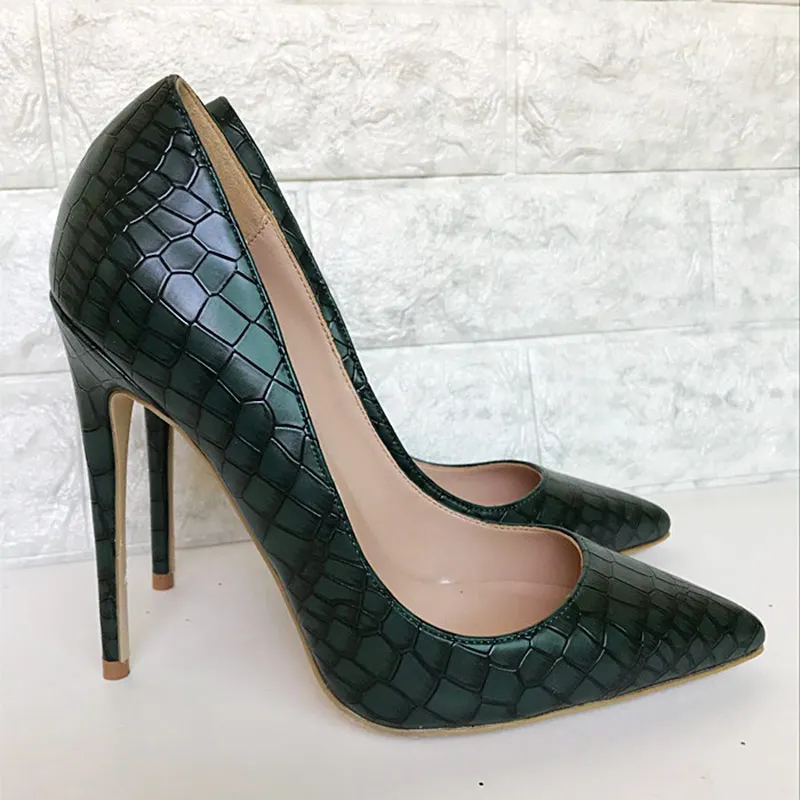 Tikicup Dark Green Croc-Effect Embossed Pattern Women Pointed Toe High Heels Designer Sexy Stilettos Pumps Ladies Party Shoes