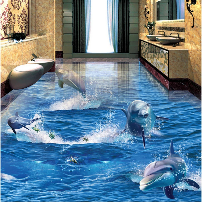 Custom floor painting 3d wallpaper Dolphin rushed out of the water Ocean world 3D three-dimensional bathroom living room floor