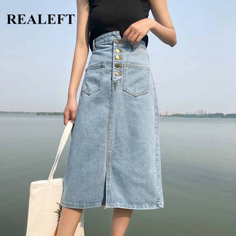 REALEFT 2021 New Women's Denim Skirts Summer Fashion Chic Korean Style Cross Button Design High Waist Midi A-Line Skirt Female