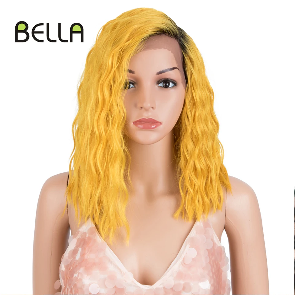 Bella Synthetic Lace Wigs Lace Short Bob Curly Hair 14 inch Yellow Cosplay Wig For Black Women Heat Resistant Fiber Lolita